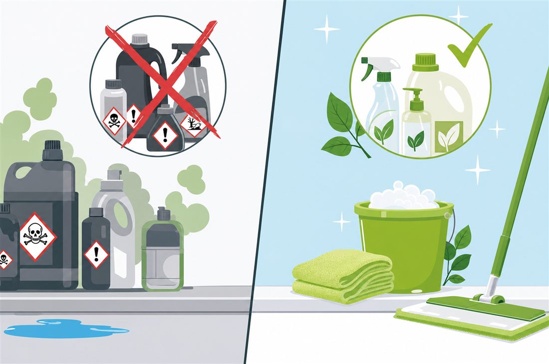 Gegenüberstellung von aggressiven Reinigungschemikalien mit Warnsymbolen und den biologisch abbaubaren, ökologisch geprüften Reinigungsmitteln, die D&N Clean stattdessen einsetzt